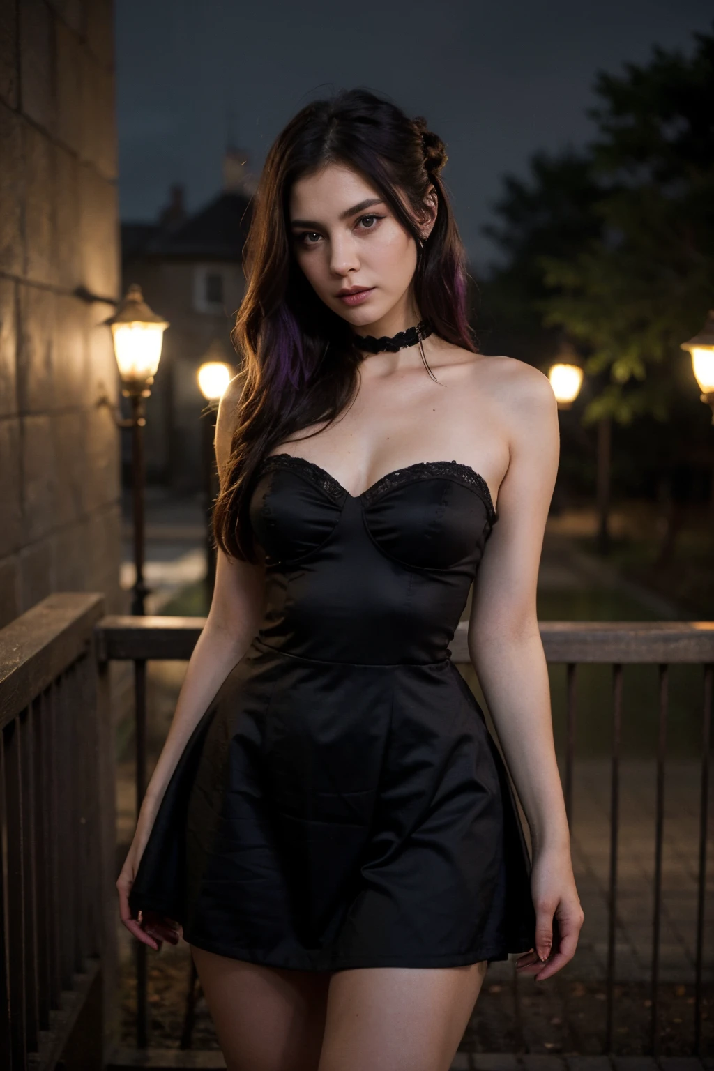 ((best quality)), ((masterpiece)), (detailed), perfect face, Envision an anime drawing of a bewitching gothic female with dark purple hair styled in a sophisticated updo, her eyes adorned with smoky eyeshadow and dramatic eyeliner. She stands on a bridge bathed in moonlight, her dark dress tailored to accentuate her curves. Use a dimly lit, candlelit setting to enhance her mysterious charm