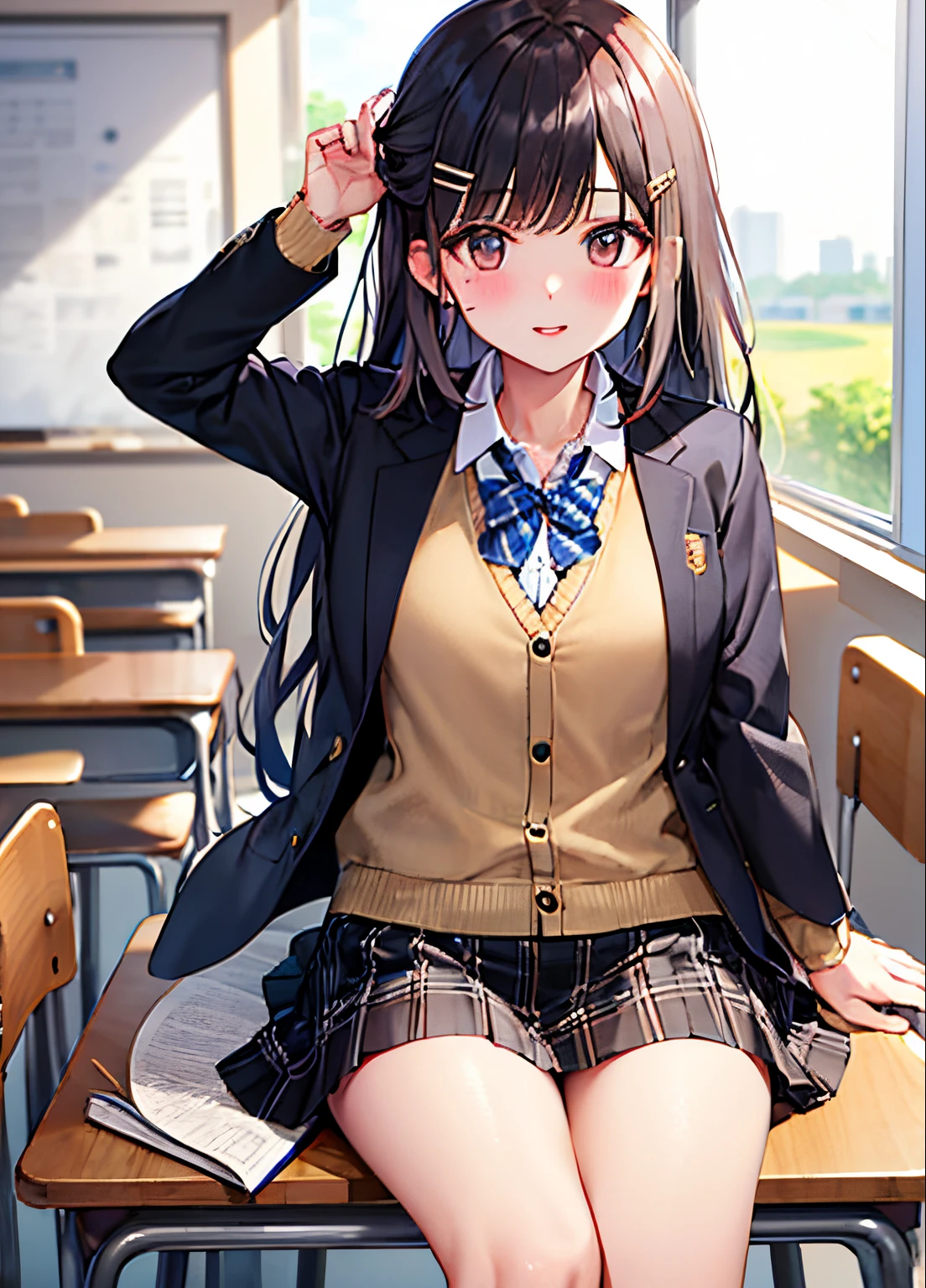 masterpiece,elaina (majo no tabitabi), best quality, highly detailed,skirt, jacket, plkirt, plaid, desk, blazer, solo, book, classroom, school_desk, hair_ornament, indoors, school_uniform,looking_at_viewer, pleated_skirt, blush, window, black_jacket, shirt, long_sleeves, mole, hairclip, collared_shirt