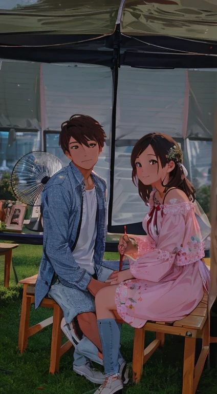 they are sitting on a bench under a tent with a fan, captured on canon eos r 6, taken with sony alpha 9, shot on nikon z9, candid picture, shot on sony a 7, lovely couple, edited, shot on canon eos r 5, shot on canon eos r5, photo taken with nikon d 7 5 0