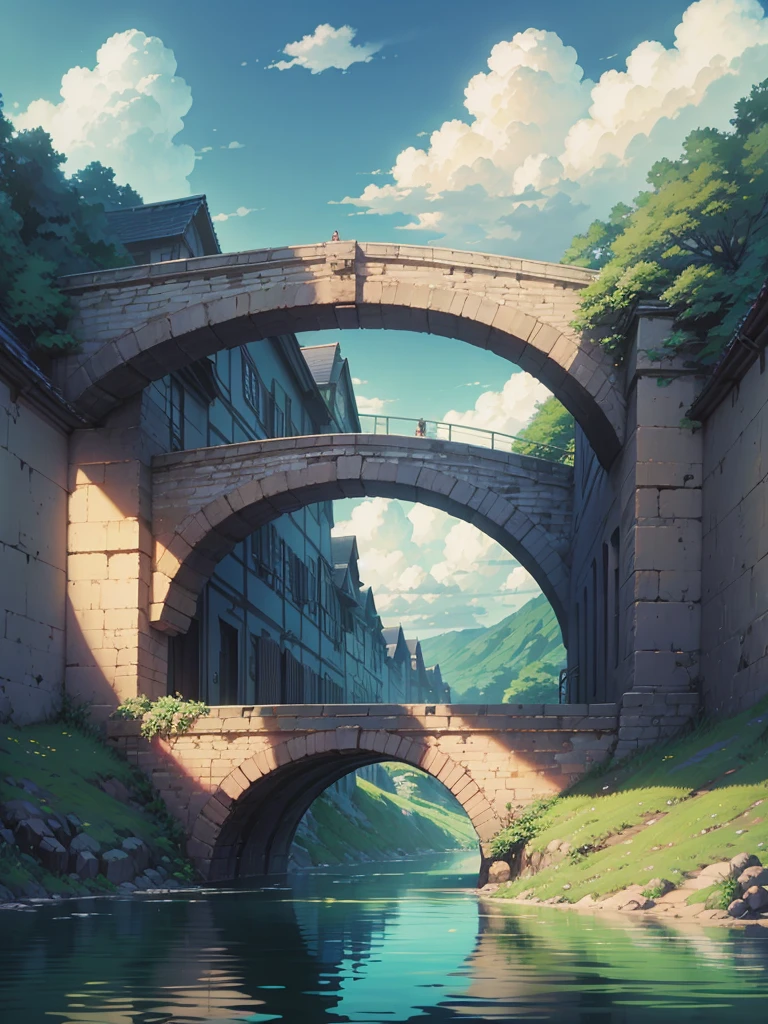 beautiful bridge with river, and clouds on blue sky, designed by Ghibli studio/Makoto shinkai