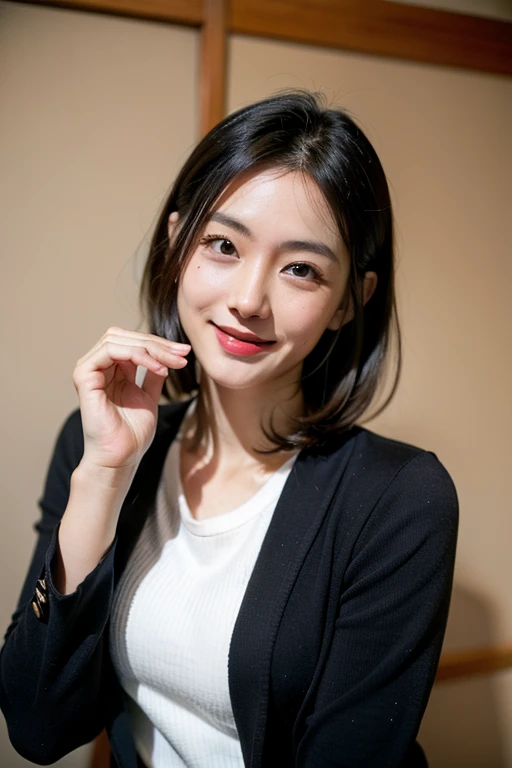 ((Best Quality)), ((masutepiece)), Perfect face, 1人の女性, japanes, Suits, A smile, Japan man with black hair, Black eyes