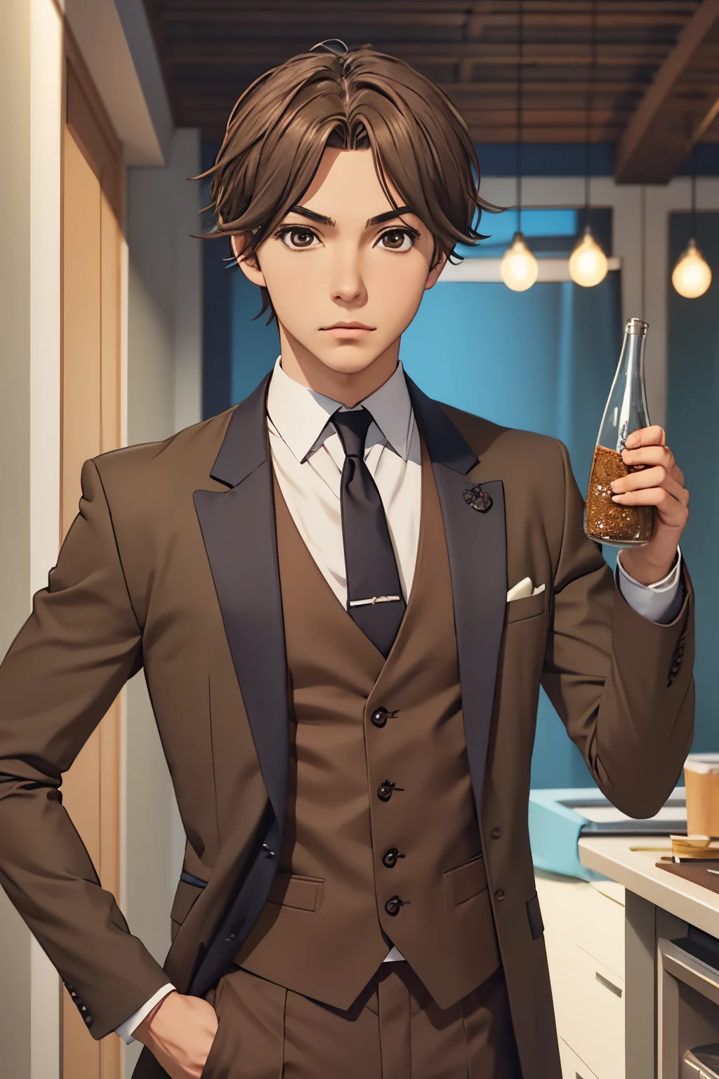 masterpiece, best quality, , 1boy, solo, male focus, looking at viewer, upper body, , anime coloring, realistic, hayato_shinomiya, brown hair, brown eyes, butler costume, hard science fiction,