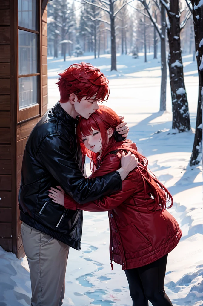 One woman and one man with red hair stood hugging each other in the snow.