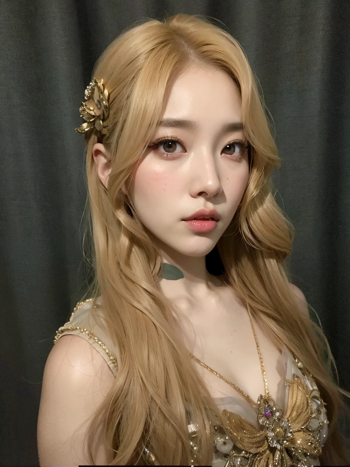 un primer plano de una mujer con cabello largo y rubio con un vestido dorado, Yanjun Chengt, Modelo IG | Artgerm, realista. Cheng Yi, inspirado por Yanjun Cheng, Retrato de Kim Petras, Retrato de Jossi de Blackpink, Guweiz, Jinyoung Shin, Jaeyeon Nam, pale porcelain white skin, Heonhwa Choe