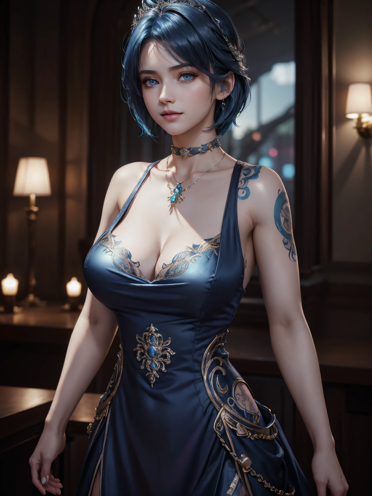 tmasterpiece, Best quality at best, high qulity, Very detailed CG8k wallpaper, 1个Giant Breast Girl, Alone, Blue hair, Tattooed with, short detailed hair, has cleavage, jewely, ssmile, choker necklace, looking at viewert, has cleavage, actual, with her mouth open, teeth, The upper part of the body, vests, nase, of shoulders, artistname, Black tiara, 鎖骨, arm tattoos, eBlue eyes, cparted lips, bblurry, oil painted, award winning photography, bokeh, depth of fields, HighDynamicRange, full bloom, color difference, Realistis, The is very detailed, artstation intricate, high detal, dramatics, halfway art