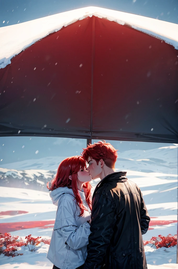 One woman and one man with red hair stand kissing in the snow.