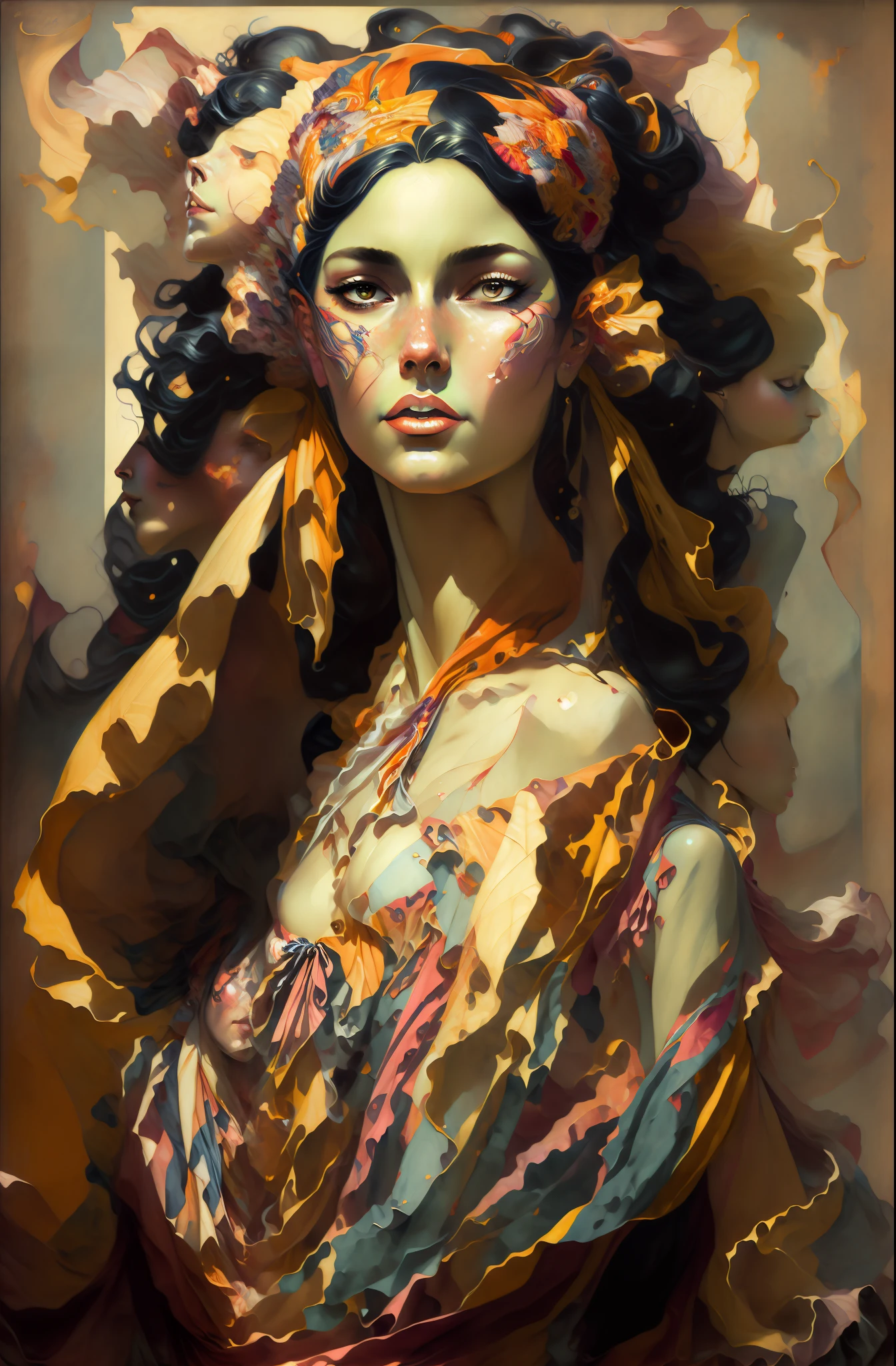 Painting of a woman in a colorful dress with a large scarf, Diego Dyer, by José Comas Quesada, adrian borda, Botticelli's Style Blend, j. C. Leyendecker. Black hair, j. C. leyendecker 8 k, J C Leyendecker 8K, in a high renaissance style