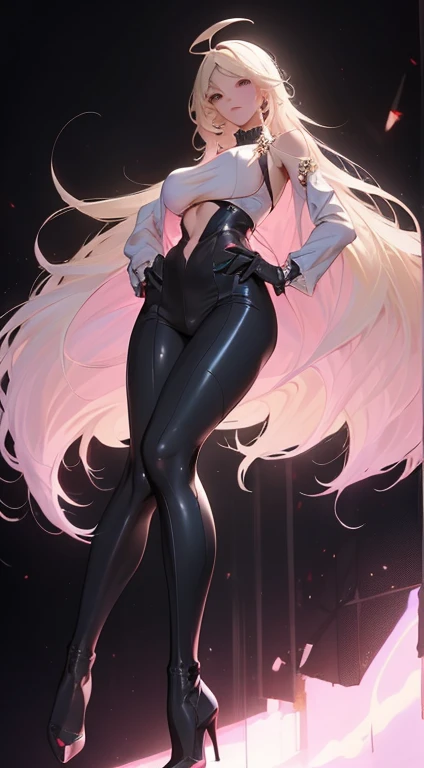 (wide wide shot:1.0) ((1个Giant Breast Girl)),Long blonde hair,Blonde hair,ahoge,antenna hair,black hair band,naghty face,Pink eyeshadow,humongous large breast,transparent costume,Expose abs,(Clear stockings:1.5),high-heels,Tighten the crotch,fully body photo,Torn crotch