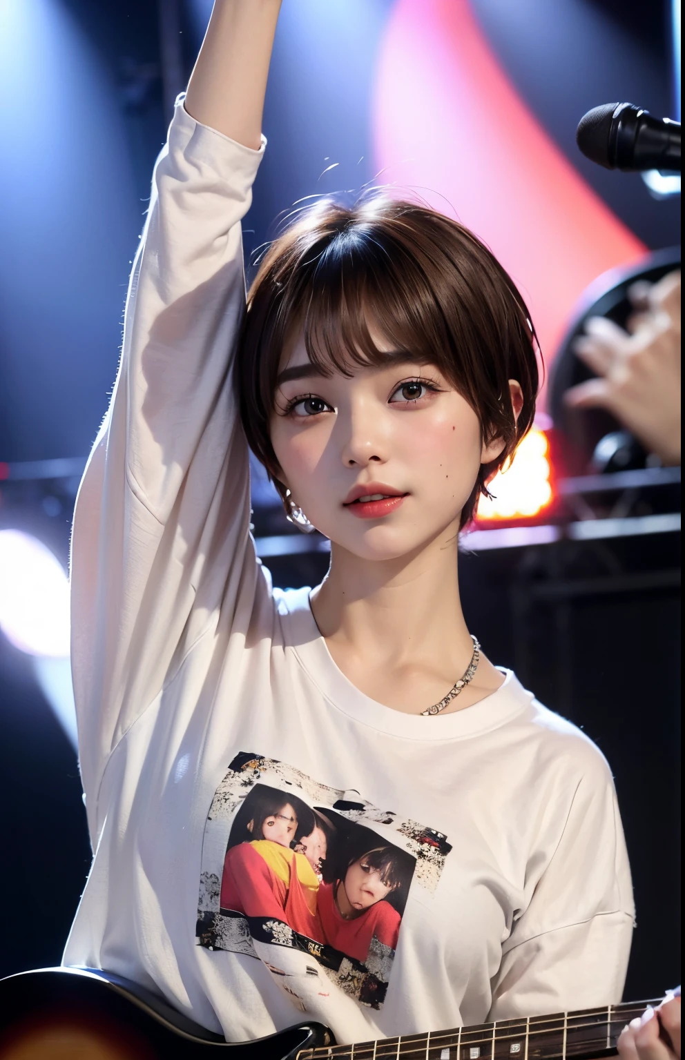 ((top-quality))、(masterpiece:1.4)、Raw photography、8K、((Top image quality))、 ((hight resolution))、Beautiful face in every detail、Realistic human skin、Gentle expression、(One lady:1.3 )、realisitic、(rather short hair:1.4)、(Beautuful Women)、(cute Japanese girls:1.3)、(boyish:1.3)、((mannish))、((Pretty Woman))、(Beautiful hair)、((dark brown hair))、(((Red cheeks)))、(Her eyes are big:1.3)、20-year-old beauty、(her face is small:1.3 )、small head、((long neck))、a necklace、((music festival))、(Concert T-shirt)、((On stage))、(play bass guitar)、((Happy look))、singers、Everyone admires her、rock band、(young woman admires her、(popular person)、(Dynamism)、(Oversized clothes)、