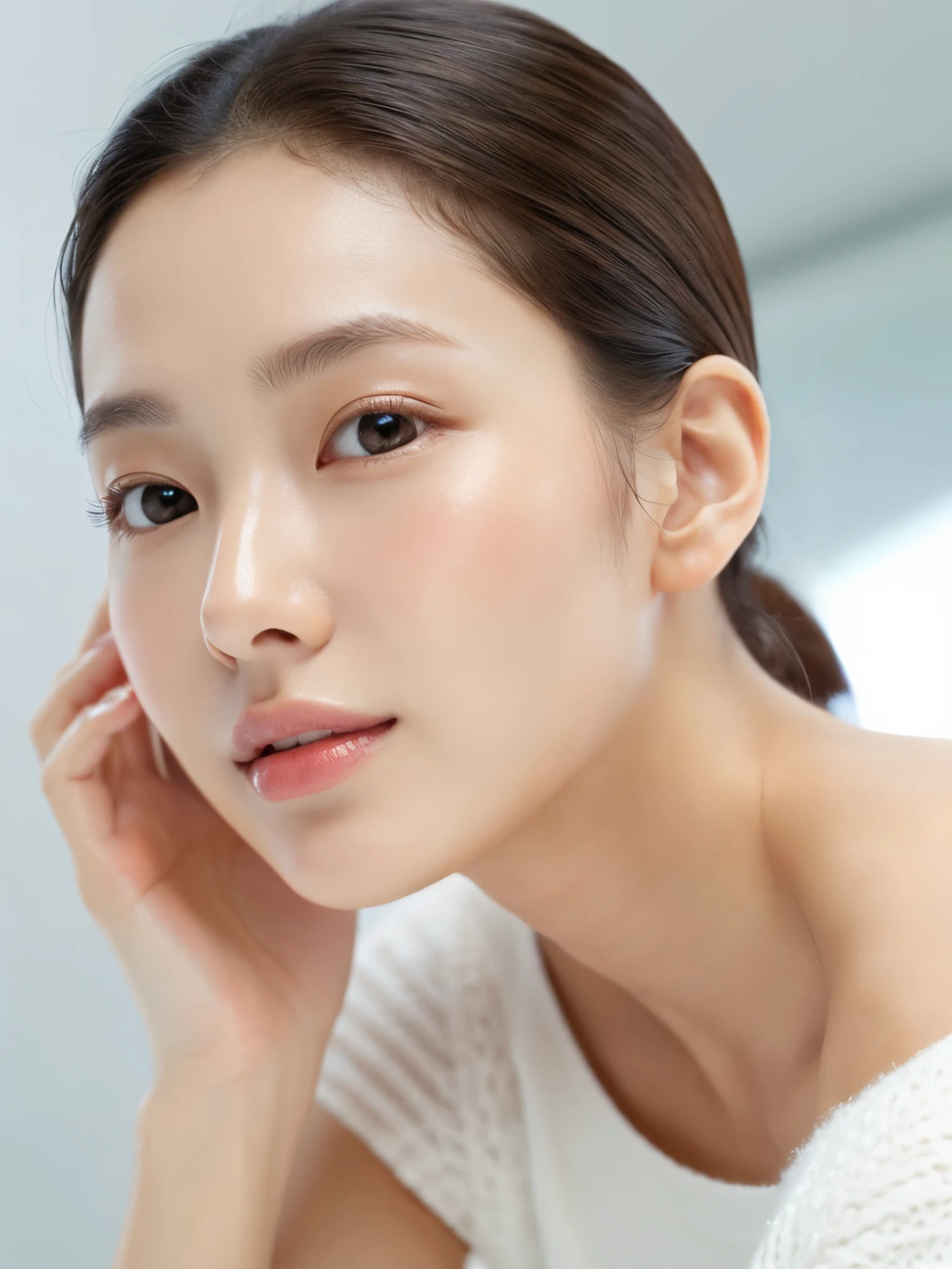 A woman with beautiful skin like a model in a skincare advertisement