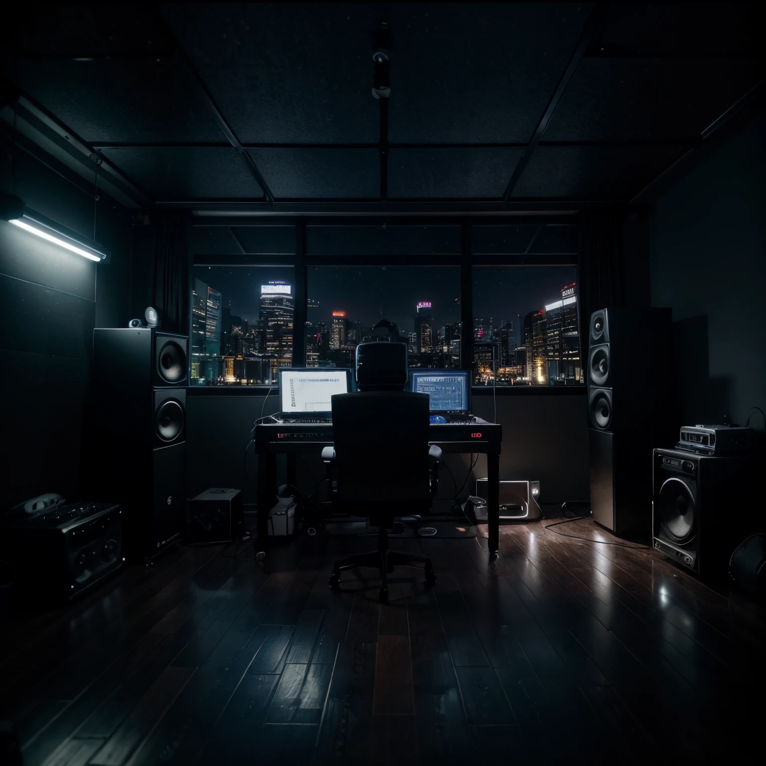 Music studio room,Dark room, Night, Computer, keyboard, Earphone, Monitor the speaker, pianos, Small lights, Background, sofe,, rain, Night sky, Night City, absurderes, A high resolution, ultrasharp, 8K, Masterpiece