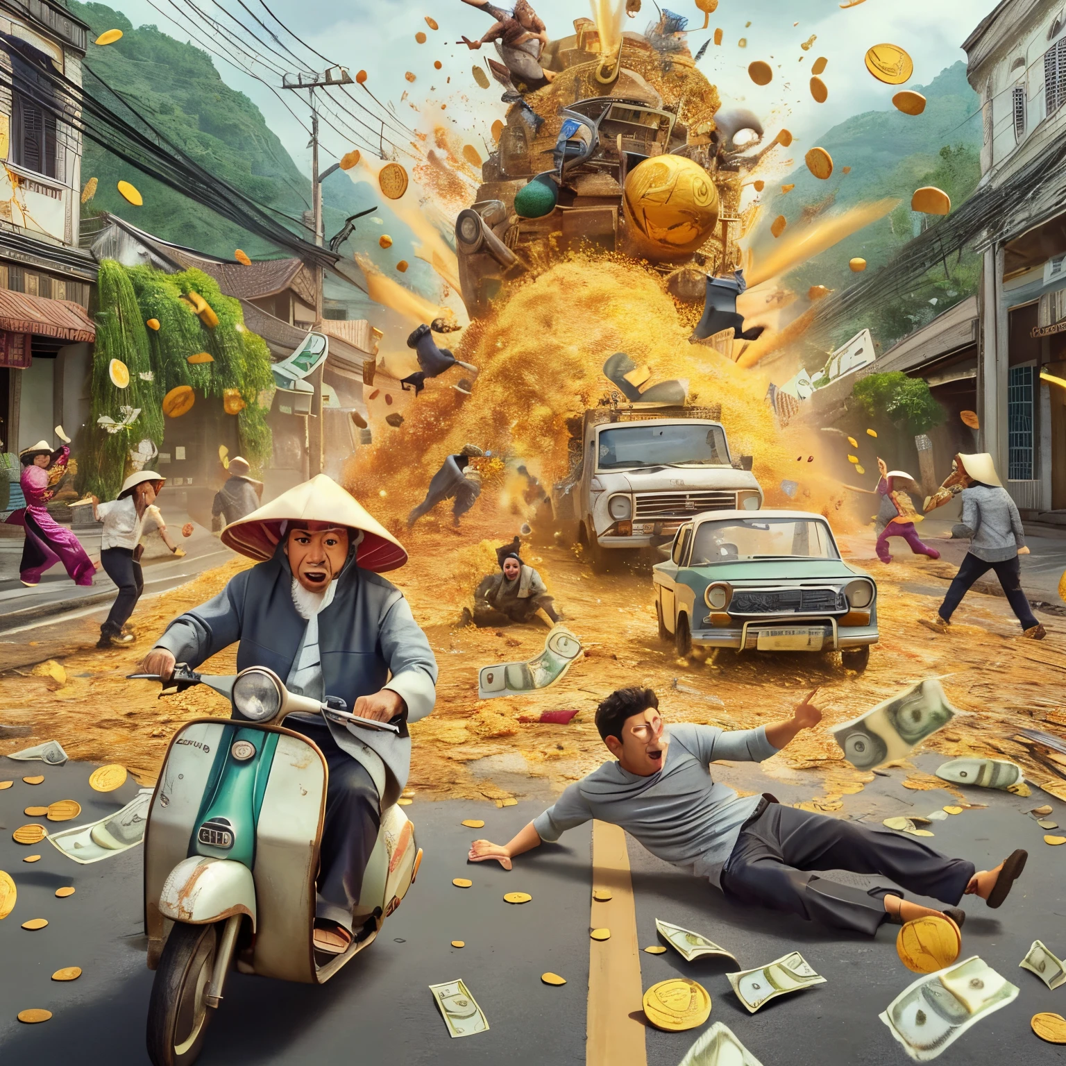 arafed image of a man on a scooter with money falling from the sky, movie artwork, big budget movie scene, movie promotional image, paid artwork, the movie, incredible ruan jia movie poster, big budget movie, action film, album art, by Raymond Han, 4 k post, 4k post, by Ni Yuanlu, 4k art