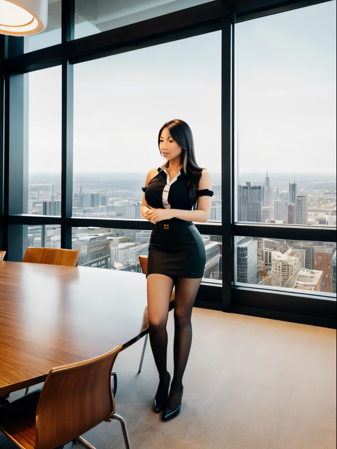 modern, sleek boardroom with a polished wooden table surrounded by high-back chairs. Large windows offer a view of the city skyline, while recessed lighting illuminates the room with a soft, professional glow. The camera used is a high-resolution digital camera with professional-grade lenses, perfect for capturing the sophistication and detail of the scene. The lighting is a combination of natural light filtering in through the windows and strategically placed overhead lights, creating a balanced and professional ambiance. In this setting, an Asian female executive confidently leads a meeting, wearing tight button down shirt, big breasts, dark shoulder length hair, pencil skirt, pantyhose, canvas shoes