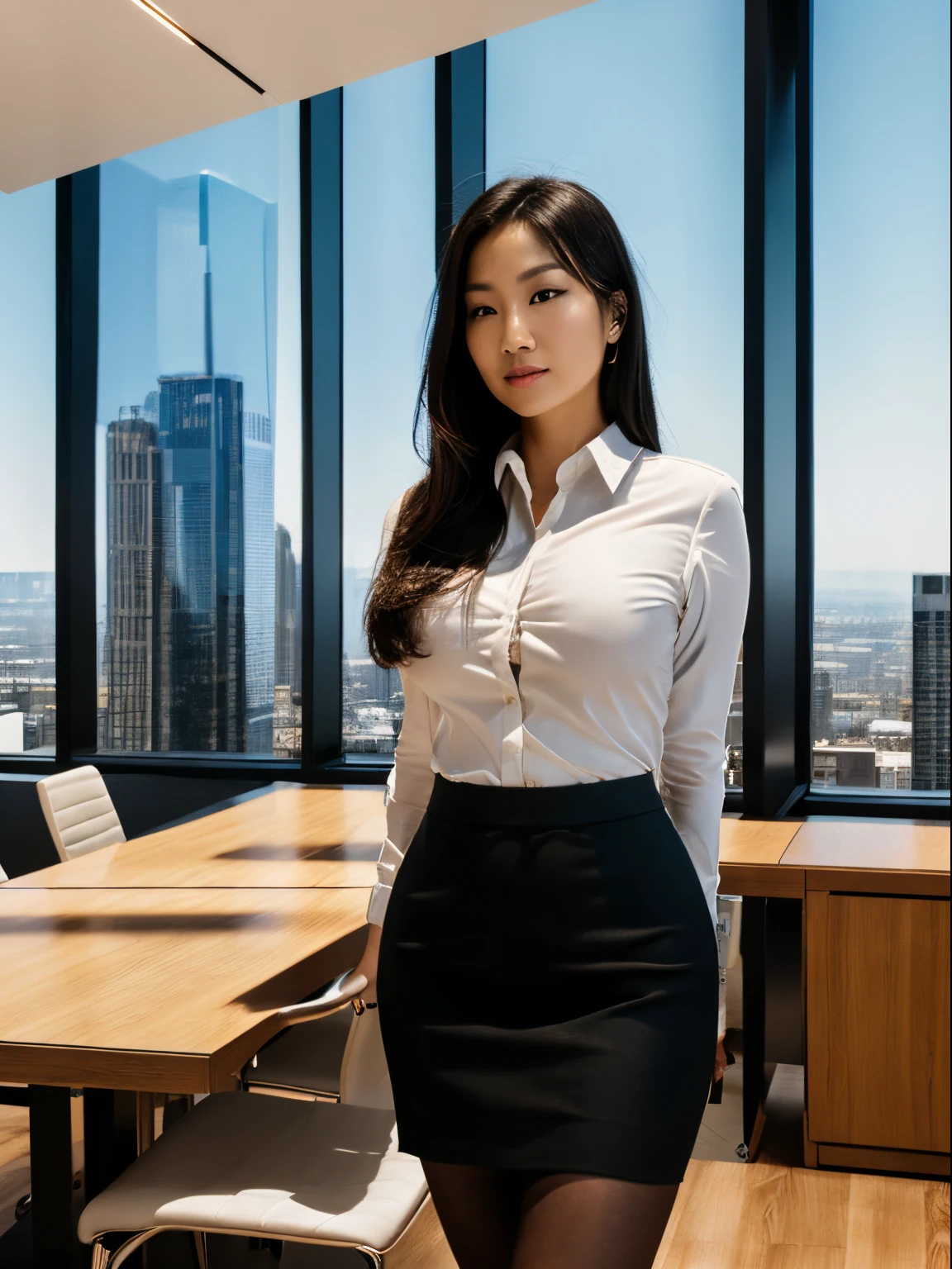 modern, sleek boardroom with a polished wooden table surrounded by high-back chairs. Large windows offer a view of the city skyline, while recessed lighting illuminates the room with a soft, professional glow. The camera used is a high-resolution digital camera with professional-grade lenses, perfect for capturing the sophistication and detail of the scene. The lighting is a combination of natural light filtering in through the windows and strategically placed overhead lights, creating a balanced and professional ambiance. In this setting, an Asian female executive confidently leads a meeting, wearing tight button down shirt, big breasts, dark shoulder length hair, pencil skirt, pantyhose, canvas shoes