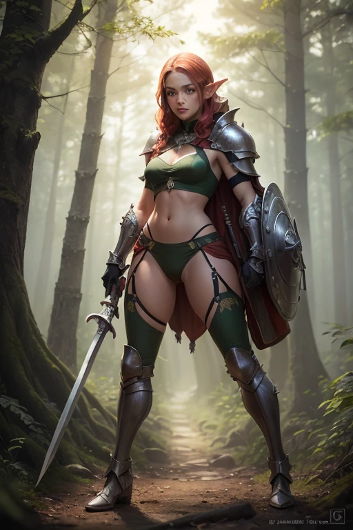full body shot, 1beautiful female elven warrior with (red hair), no extra ears on her head, stalking the thick forest, wearing silver and dark green ornated heavy elven armor, intricate designs, (strong abs:0.9) and sexy body with small breasts, armed with a longsword in her hand, on the hunt, hunter, solo, cinematic background, sunlight falling through the trees, (best quality:1.1), (masterpiece:1.2), highres