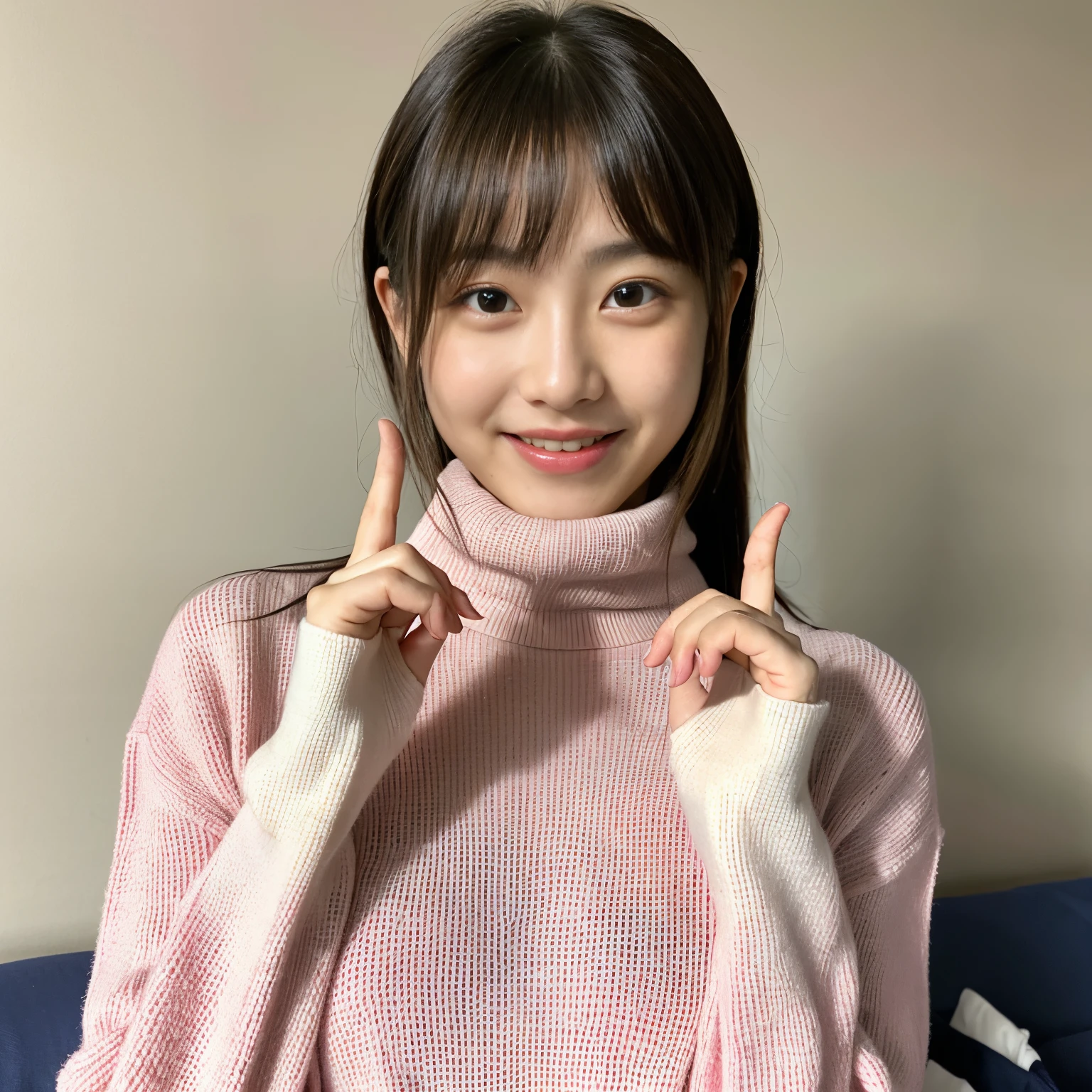 Best-quality, Masterpiece, Ultra-High-Resolution, (Photorealistic:1.4), Raw-Photo, Extremely-Details, Perfect-Anatomy, 1girl, 18-years-old, the most popular Japanese idol, at hospital, grinning, ((only her right fingers completely covering by white medical bandages, detailed white medical bandages)), wearing pink turtleneck long-sleeve sweater, extremely cute face lips a most famous Japanese idol, extremely beautiful big black solid circle eyes, extremely beautiful hair, extremely beautiful white skins, portrait, detailed cute grinning face, detailed hospital