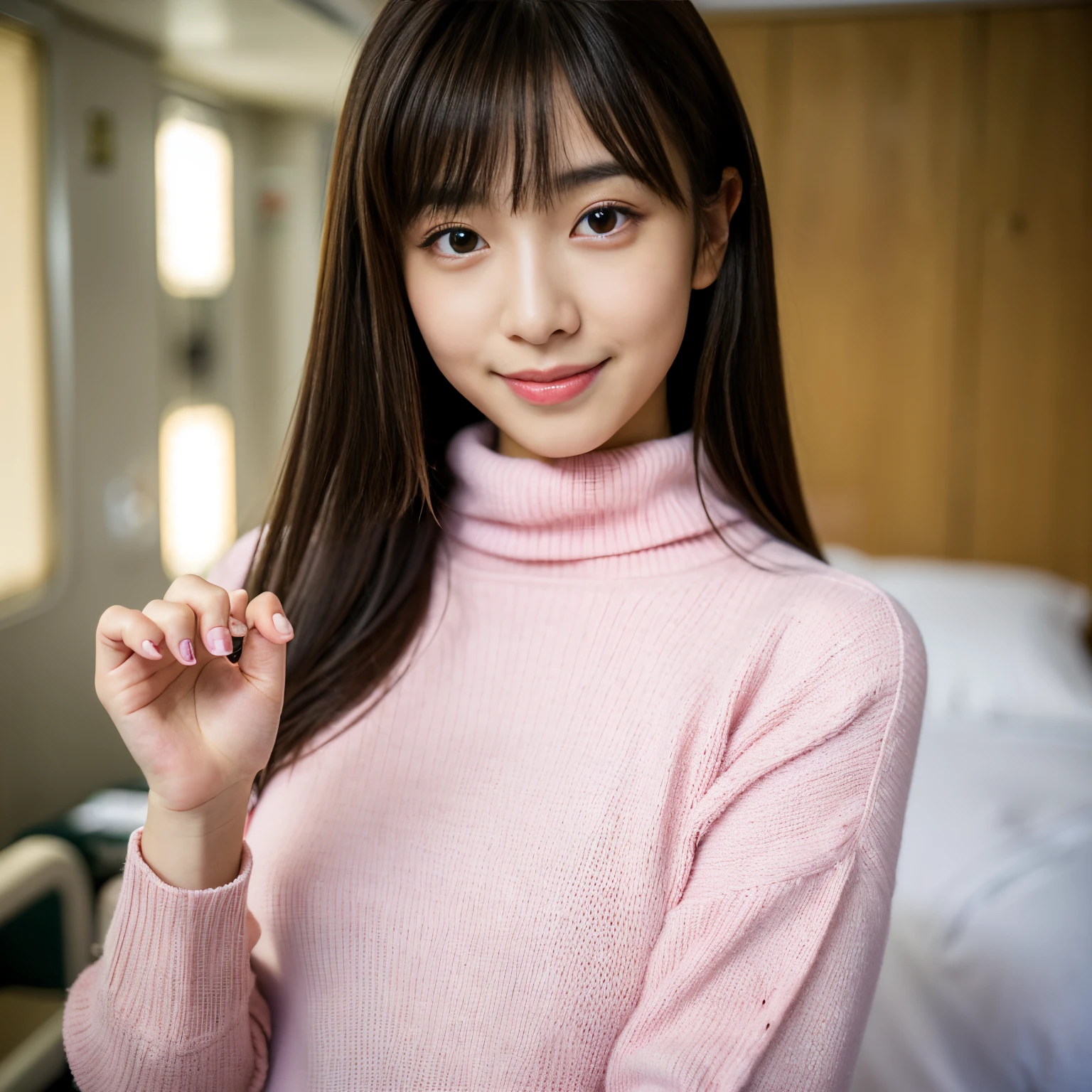 Best-quality, Masterpiece, Ultra-High-Resolution, (Photorealistic:1.4), Raw-Photo, Extremely-Details, Perfect-Anatomy, 1girl, 18-years-old, the most popular Japanese idol, at hospital, grinning, ((only her right fingers completely covering by white medical bandages, detailed white medical bandages)), wearing pink turtleneck long-sleeve sweater, extremely cute face lips a most famous Japanese idol, extremely beautiful big black solid circle eyes, extremely beautiful hair, extremely beautiful white skins, portrait, detailed cute grinning face, detailed hospital