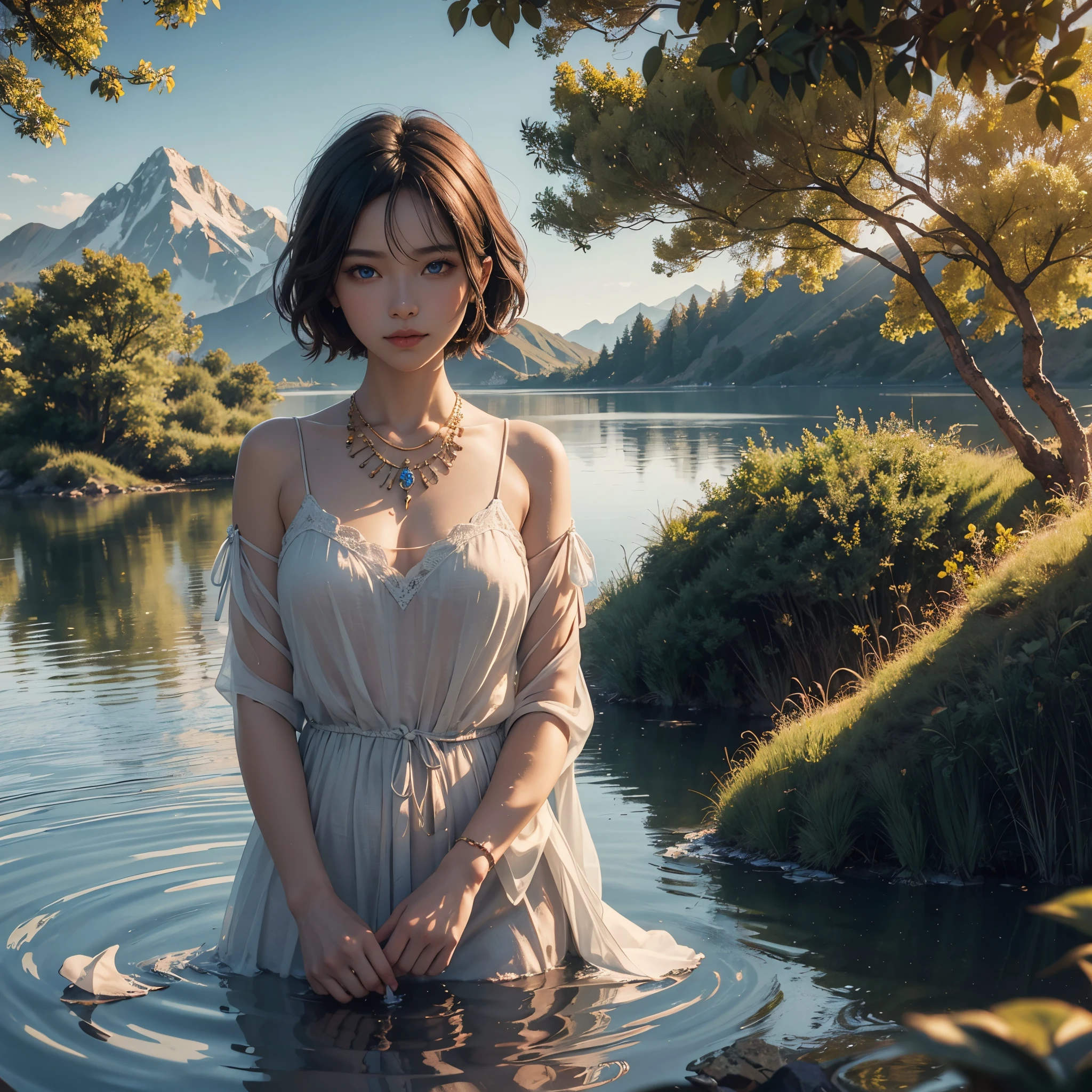 1 girl, dark skin, serene expression, mesmerizing blue eyes, short hair, flowing dress, poised posture, porcelain skin, subtle blush, crystal pendant
BREAK
golden hour, (rim lighting):1.2, warm tones, sun flare, soft shadows, vibrant colors, painterly effect, dreamy atmosphere
BREAK
scenic lake, distant mountains, willow tree, calm water, reflection, sunlit clouds, peaceful ambiance, idyllic sunset, ultra detailed, official art, unity 8k wallpaper
, zentangle, mandala
