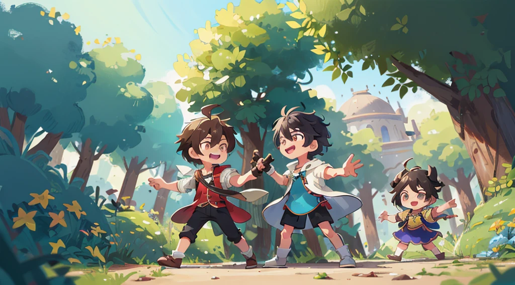 male people，femele，child，Magical style，magia，Game combat promotional image，holding a weapon，Multiple people on the same screen，Multiple roles，interaction，ssmile，Hilariously，Expose the whole body，((tmasterpiece)),Best quality at best, (8K, Best quality at best, tmasterpiece:1.2), ultra - detailed, illustratio, bigger_Scenes, 3D_Scenes,outdoor battle scene，