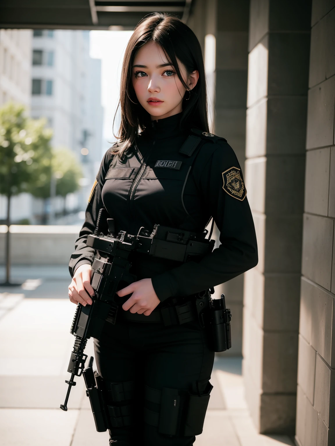 ((best quality)), ((masterpiece)), (detailed), beautiful lighting, best quality, realistic, full body portrait, real picture, intricate details, depth of field, 1girl, A very muscular solider girl with long haircut, around 20 years old wearing a black uniform holding a gun in the hallway, wearing Swat tactical gear, photography of a techwear woman, dressed in Swat tactical armor, black Swat tactical gear, Tactical vest and holster, Beautiful Female Soldier, Holding a rifle, closeup portrait shot, Have an MP7, holding rifle, special forces security, airsoft cqb, highly-detailed, perfect face, blue eyes, lips, wide hips, small waist, tall, make up, Fujifilm XT3, outdoors, bright day, Beautiful lighting, RAW photo, 8k UHD, film grain, ((bokeh))