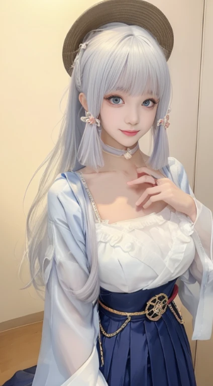 tmasterpiece,Best quality at best,Tulle Hanfu, Hanesley range girls,Very big chest,The kinky is exposed,bangle,ear nipple ring,Hats,choker necklace,White hair,Long gray hair,pure,Smile gently,blue color eyes