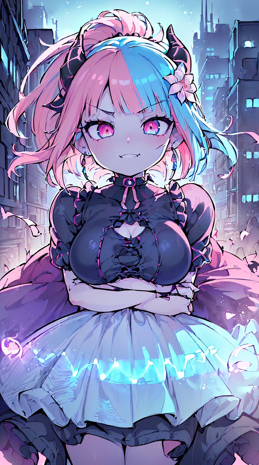 (((NSFW))), ((Medium Boobs)), ((Rainbow frilly dress)), realistic art, extremely delicate and beautiful, ultra-detailed, (1girl), ((One Blue eye/one pink eye, floating, detailed light, illustration, dynamic angle, depth of field, ((((milf)))), girly, ((Blue and Pink hair, multicolored hair, Blue highlights hair, (Ponytail), hair ornament, hair flower, flower, makeup, braid, smile)), demon eyes, fangs, pale white skin, (((best quality, tall girl, (skin indentation), (blur background:0.6), (casual yet stylish, ((Demon Horns)), ), gorgeous, (short hair:1.5), soft lighting, wind, (front light:1.5), surprised, choker, smile, jewelry, earrings))), ((( , (crazy eyes:1.3), (wide-eyed:1.2), (glowing eyes), (Demon) ))), (((a close up of a person with a weird face and nails, gothic maiden anime girl, gothic - cyberpunk, cyberpunk horror style, gothic art style, detailed digital anime art, gothic art, demon anime girl, gothic girl face, anime style 4 k, dark art style, anime cyberpunk art, gothic aesthetic, 18 - year - old anime goth girl, gothic horror vibe, masterpiece, top quality, best quality, (medium),official art, beautiful and aesthetic:1.2), (1girl:1.3), (fractal art:1.3), looking at viewer, patterns, (rainbow color Hair, colorful hair, half blue and half pink hair:1.2)