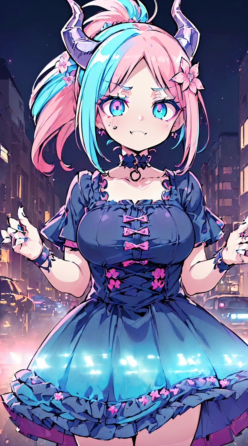 (((NSFW))), ((Medium Boobs)), ((Rainbow frilly dress)), realistic art, extremely delicate and beautiful, ultra-detailed, (1girl), ((One Blue eye/one pink eye, floating, detailed light, illustration, dynamic angle, depth of field, ((((milf)))), girly, ((Blue and Pink hair, multicolored hair, Blue highlights hair, (Ponytail), hair ornament, hair flower, flower, makeup, braid, smile)), demon eyes, fangs, pale white skin, (((best quality, tall girl, (skin indentation), (blur background:0.6), (casual yet stylish, ((Demon Horns)), ), gorgeous, (short hair:1.5), soft lighting, wind, (front light:1.5), surprised, choker, smile, jewelry, earrings))), ((( , (crazy eyes:1.3), (wide-eyed:1.2), (glowing eyes), (Demon) ))), (((a close up of a person with a weird face and nails, gothic maiden anime girl, gothic - cyberpunk, cyberpunk horror style, gothic art style, detailed digital anime art, gothic art, demon anime girl, gothic girl face, anime style 4 k, dark art style, anime cyberpunk art, gothic aesthetic, 18 - year - old anime goth girl, gothic horror vibe, masterpiece, top quality, best quality, (medium),official art, beautiful and aesthetic:1.2), (1girl:1.3), looking at viewer, patterns, (rainbow color Hair, colorful hair, half blue and half pink hair:1.2), ((City background)),