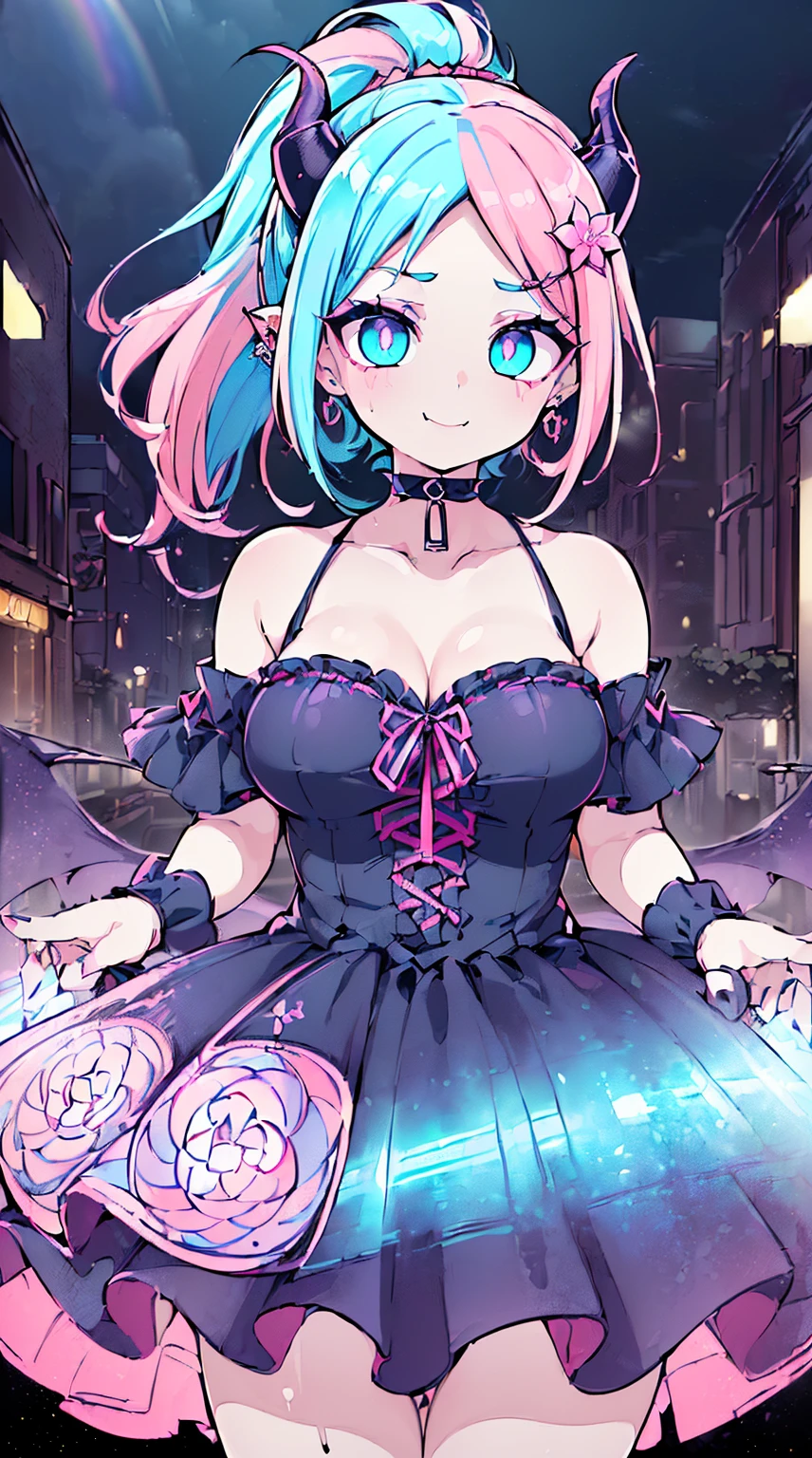 (((NSFW))), ((Medium Boobs)), ((Rainbow frilly dress)), realistic art, extremely delicate and beautiful, ultra-detailed, (1girl), ((One Blue eye/one pink eye, floating, detailed light, illustration, dynamic angle, depth of field, ((((milf)))), girly, ((Blue and Pink hair, multicolored hair, Blue highlights hair, (Ponytail), hair ornament, hair flower, flower, makeup, braid, smile)), demon eyes, fangs, pale white skin, (((best quality, tall girl, (skin indentation), (blur background:0.6), (casual yet stylish, ((Demon Horns)), ), gorgeous, (short hair:1.5), soft lighting, wind, (front light:1.5), surprised, choker, smile, jewelry, earrings))), ((( , (crazy eyes:1.3), (wide-eyed:1.2), (glowing eyes), (Demon) ))), (((a close up of a person with a weird face and nails, gothic maiden anime girl, gothic - cyberpunk, cyberpunk horror style, gothic art style, detailed digital anime art, gothic art, demon anime girl, gothic girl face, anime style 4 k, dark art style, anime cyberpunk art, gothic aesthetic, 18 - year - old anime goth girl, gothic horror vibe, masterpiece, top quality, best quality, (medium),official art, beautiful and aesthetic:1.2), (1girl:1.3), looking at viewer, patterns, (rainbow color Hair, colorful hair, half blue and half pink hair:1.2), ((City background)),