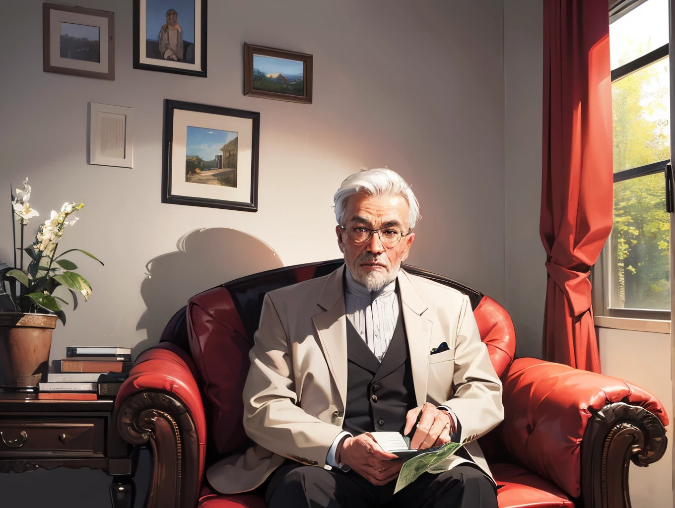 /old man sitting on sofa with the bundle of money in the leaving room --auto --s2