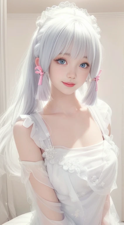 from the above, ((Best quality)), ((tmasterpiece)), (the detail), 1 busty girl, she was wearing a revealing white dress. offcial dress, exposing the shoulders and navel, Fits snugly to the body,Highlight graceful curves. Her skin was as white as ivory,soft and smooth to the touch. Her branded hair is straight and shiny,white color hair,high ponytails,Pink hair accessories,Her long hair falls behind her head, Her figure looks more beautiful. Her eyes were big and deep,indigo. Her lips are painted with cherry-colored lipstick,plump and convex。. Her figure is a bit mysterious,Just look at the audience. She is a minimalist, and pure white room. Her face is beautifully trimmed,The eyes and nose are clear. Big blue eyes exude a deep and subtle light,It's fascinating。. Her hair was long and shiny, And her elegant beauty enhances her charm. Her mouth is small, Her lips are beautifully shaped,Sparkling. Her skin is smooth and very beautiful, almost silky. Her ass and ass are huge, And her slim waist,The lines are very soft,It was beautiful. , (, Huge big breasts, Huge big breasts, :1.2)