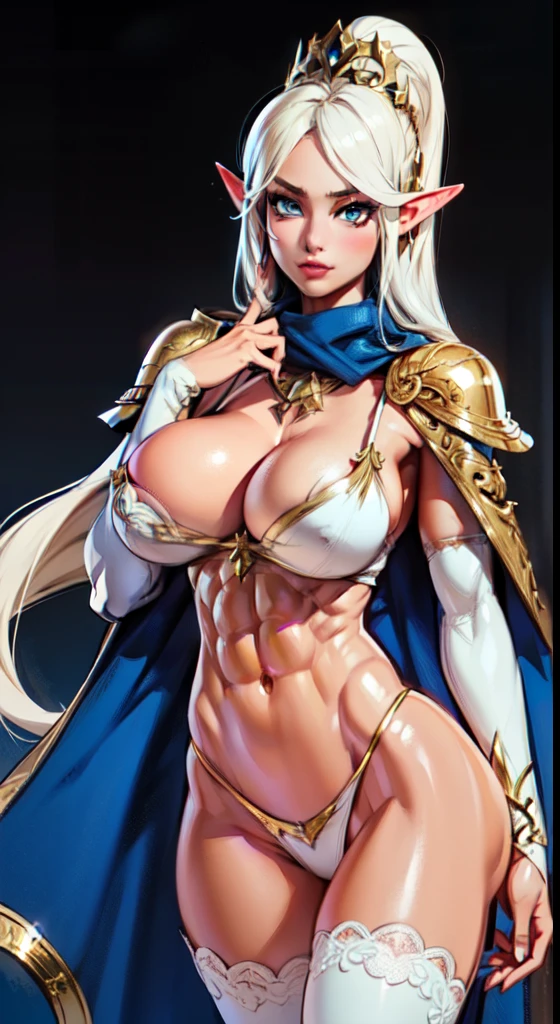 extremely long hair , ponytail, perfect anatomy 1 girl tall solo, slim thick, ((muscular)) high elf toned body, silver breast plate, blue cape, slendered abs, hourglass waist, detailed face, defined cheekbones, puffy lips, gauntlets, gold crown, shadow over eyes, looking at viewer, masterpiece, white thigh highs lingerie,