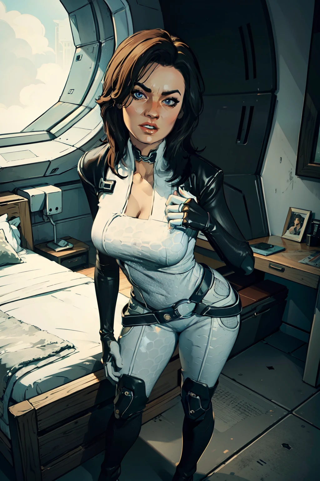 masterpiece, high detailed, best quality, highres:1.2, 1girl, solo, mature girl, Miranda Lawson, black hair, long hair, pretty face, blue eyes, bodysuit, choker, gloves, belt, boots, large breasts, cleavage, looking at viewer, indoors, spaceship interior, bedroom, standing, leaning to the camera, sexy pose, natural feminine hands, natural legs, full body shot, curious expression, opened mouth