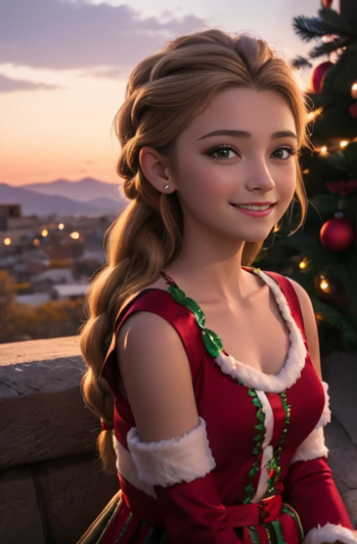 (realista: 1.4), mejor calidad, ultra-high-resolution, 4k ,  Detalles intrincados , Altamente detallado, A 15 year-old girl , very light brown hair with braid , Cabello largo , todo muy detallado , Sonriente  , alto contraste  ,  Background flowers falling behind her , HDR , cinematographic image , senos medianos, usa vestido de santaclaus , linda sonrisa , maquillaje ,ojos verdes , fondo variado, posando para foto , trenza grande , cuerpo completo , adornos de navidad  , alegria , cute christmas dress