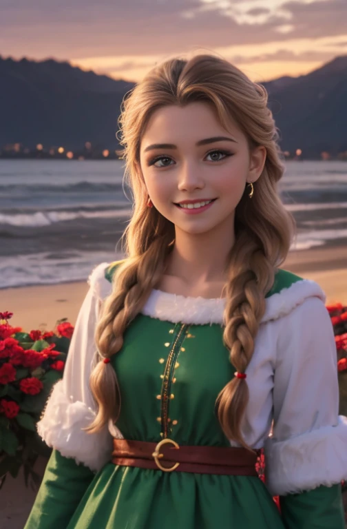 (realista: 1.4), mejor calidad, ultra-high-resolution, 4k , Detalles intrincados , Altamente detallado, A 15 year-old girl , very light brown hair with braid , Cabello largo , todo muy detallado , Sonriente , alto contraste , Background flowers falling behind her , HDR , cinematographic image , senos medianos, usa vestido de santaclaus , linda sonrisa , maquillaje ,ojos verdes , fondo variado, posando para foto , trenza grande , cuerpo completo , adornos de navidad , alegria , cute christmas dress