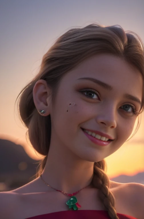 (realista: 1.4), mejor calidad, ultra-high-resolution, 4k , Detalles intrincados , Altamente detallado, A 15 year-old girl , very light brown hair with braid , Cabello largo , todo muy detallado , Sonriente , alto contraste , Background flowers falling behind her , HDR , cinematographic image , senos medianos, usa vestido de santaclaus , linda sonrisa , maquillaje ,ojos verdes , fondo variado, posando para foto , trenza grande , cuerpo completo , adornos de navidad , alegria , cute christmas dress