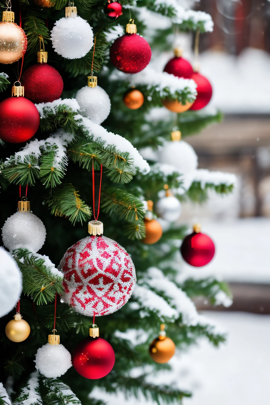 A close-up of a snow-covered Christmas tree decorated with ornaments., extreme close-up, shallow depth of field, telephoto shot, vibrant color grading, Deep Focus, snowfall everywhere