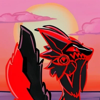 cartoon of a red and black primagen with red eyes in the sunset, ((sunset)), slifer the sky dragon, redpink sunset, sunset!, dragon in the background, looking off into the sunset, furry mawshot art, unknown artstyle, fursona art, with red glowing eyes, the sunset, sunset in background, with glowing red eyes