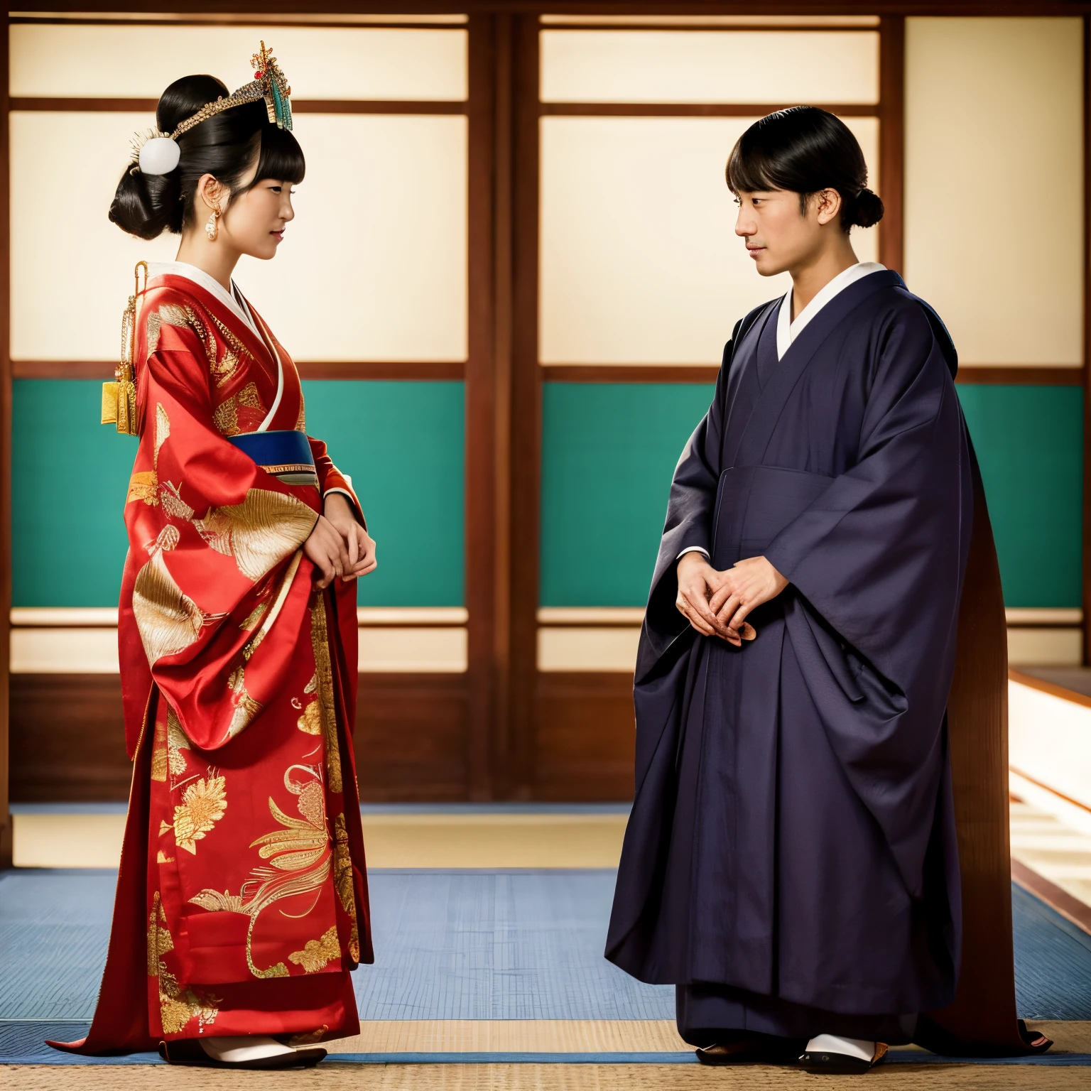 jpn　Heian period　imperial court　A woman wearing a junihitoe and a man wearing a sokutai are looking at each other
