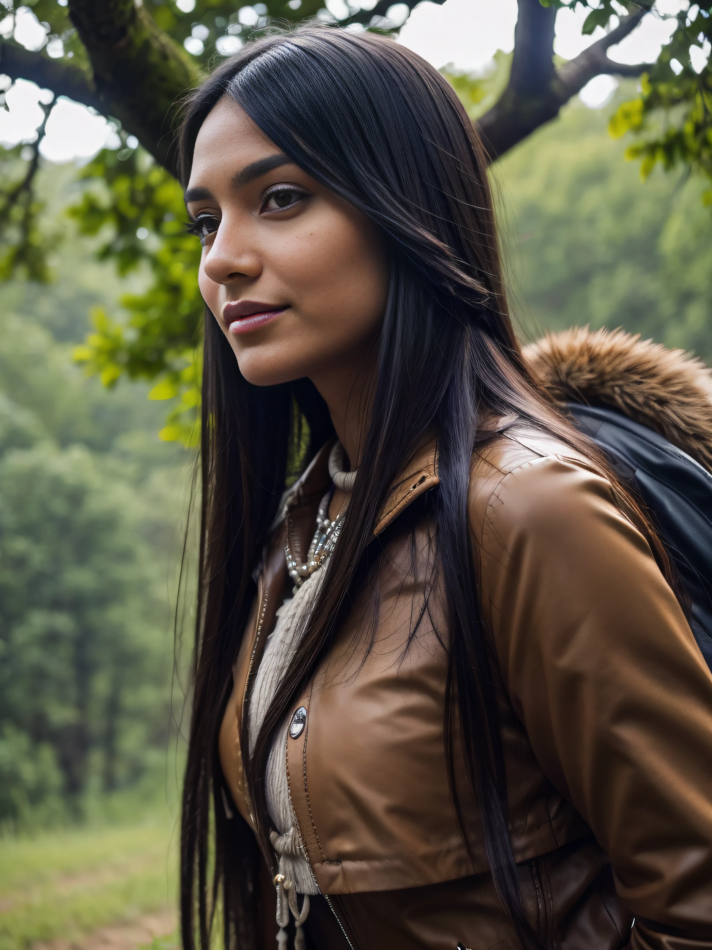 Most beautiful native American girl, beautiful nose, small_nostril:1, big almond eyes, black eyes, large eyes:1.6, prominent cheekbones, looking_at_viewer,wistful smile, in the woods, riding a horse