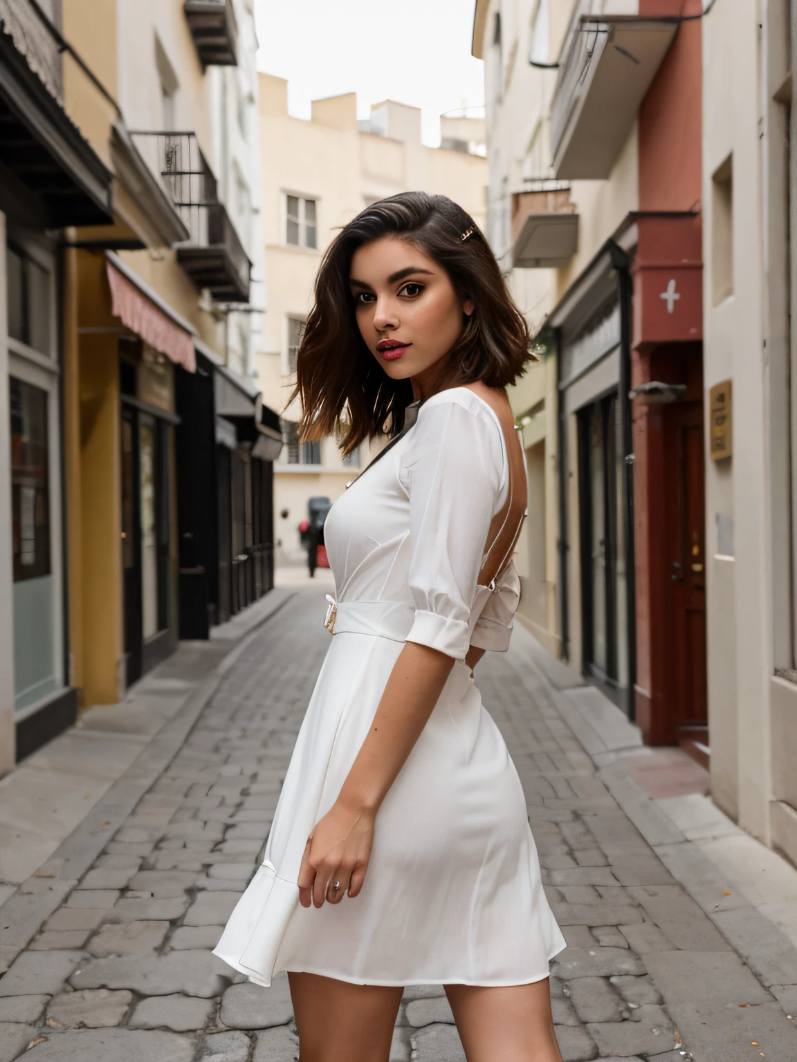 Latina thin model with wolfcut hairstyle , cautivating eyes, walking in a street , with a nice dress , photoshoot, flash , hands behind the back