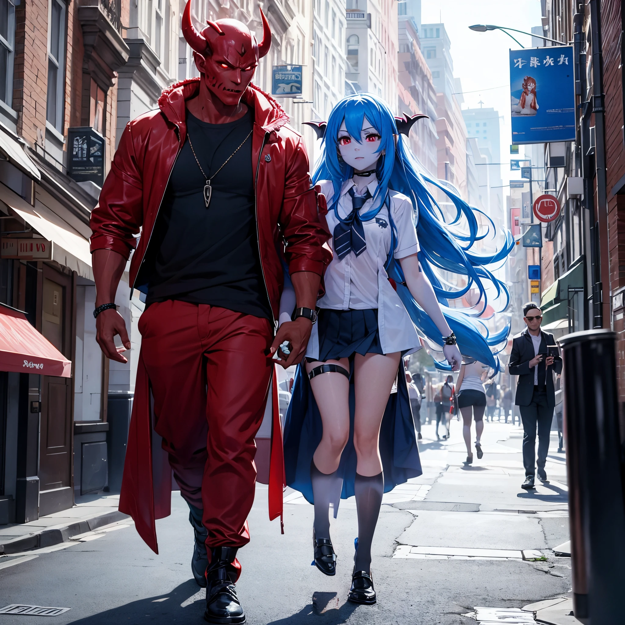 a big scary red-skinned demon walks arm in arm with a cute blue-skinned succubus, on a city street