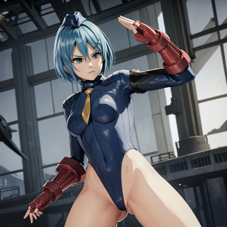 Masterpiece, Best Quality, Highly detailed, illustration, absurdres, street fighter, doll suit, shadaloo doll, dollsuit, girls, multiple girls, expressionless, blank eyes, looking at viewer, red gloves, emotionless, black latex, corrution, mind control, female combatant, full body, hypnotized, unhappy trance, full body suit, ribbed bodysuit, both arms at side, stand up straight, obey, perfect female body, extremely glossy latex, hypnosis, hypnoLora, empty eyes, Mind control device, oses, submissive_pose, Slave, hat, necktie, stand up straight, standing, standing at attention, Slave, hat, necktie, belt, extending the right arm from the shoulder into the air with a straightened hand, nazi saluting, military, military saluting, salute, latex, dead or alive, doa, nico, blue hair, blue eyes, short hair