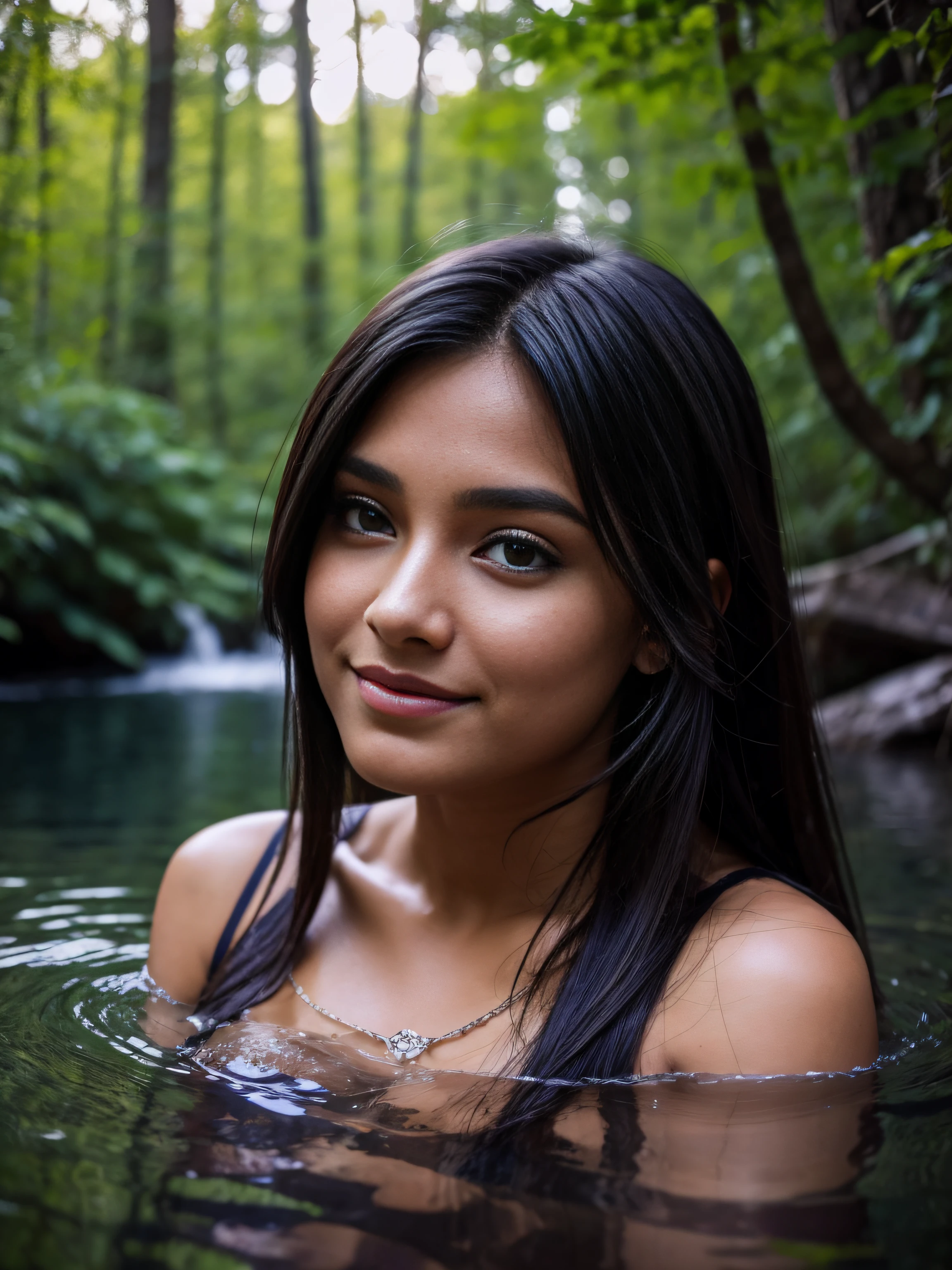 Most beautiful native American girl, beautiful nose, small_nostril:1, big almond eyes, black eyes, large eyes:1.6, prominent cheekbones, looking_at_viewer,wistful smile, in the woods, bathing in the lake