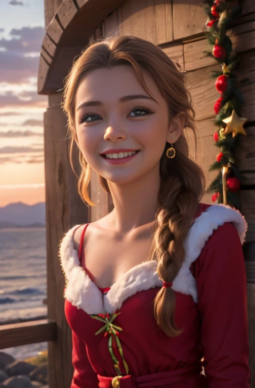 (realista: 1.4), mejor calidad, ultra-high-resolution, 4k , Detalles intrincados , Altamente detallado, A 15 year-old girl , very light brown hair with braid , Cabello largo , todo muy detallado , Sonriente , alto contraste , Background flowers falling behind her , HDR , cinematographic image , senos medianos, usa vestido de santaclaus , linda sonrisa , maquillaje ,ojos verdes , fondo variado, posando para foto , trenza grande , foto de cuerpo completo , adornos de navidad , alegria , cute christmas dress