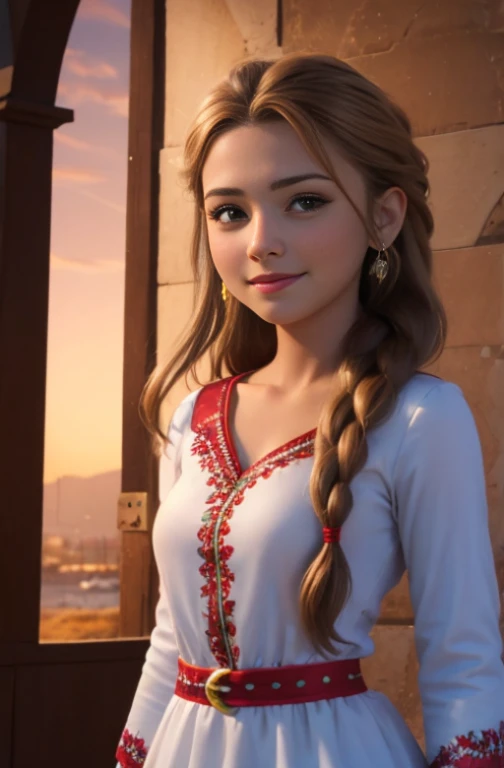 (realista: 1.4), mejor calidad, ultra-high-resolution, 4k ,  Detalles intrincados , Altamente detallado, A 15 year-old girl , very light brown hair with braid , Cabello largo , todo muy detallado , Sonriente  , alto contraste  ,  Background flowers falling behind her , HDR , cinematographic image , senos medianos, usa vestido de santaclaus , linda sonrisa , maquillaje ,ojos verdes , fondo variado, posando para foto , trenza grande , foto de cuerpo completo , adornos de navidad  , alegria , cute christmas dress