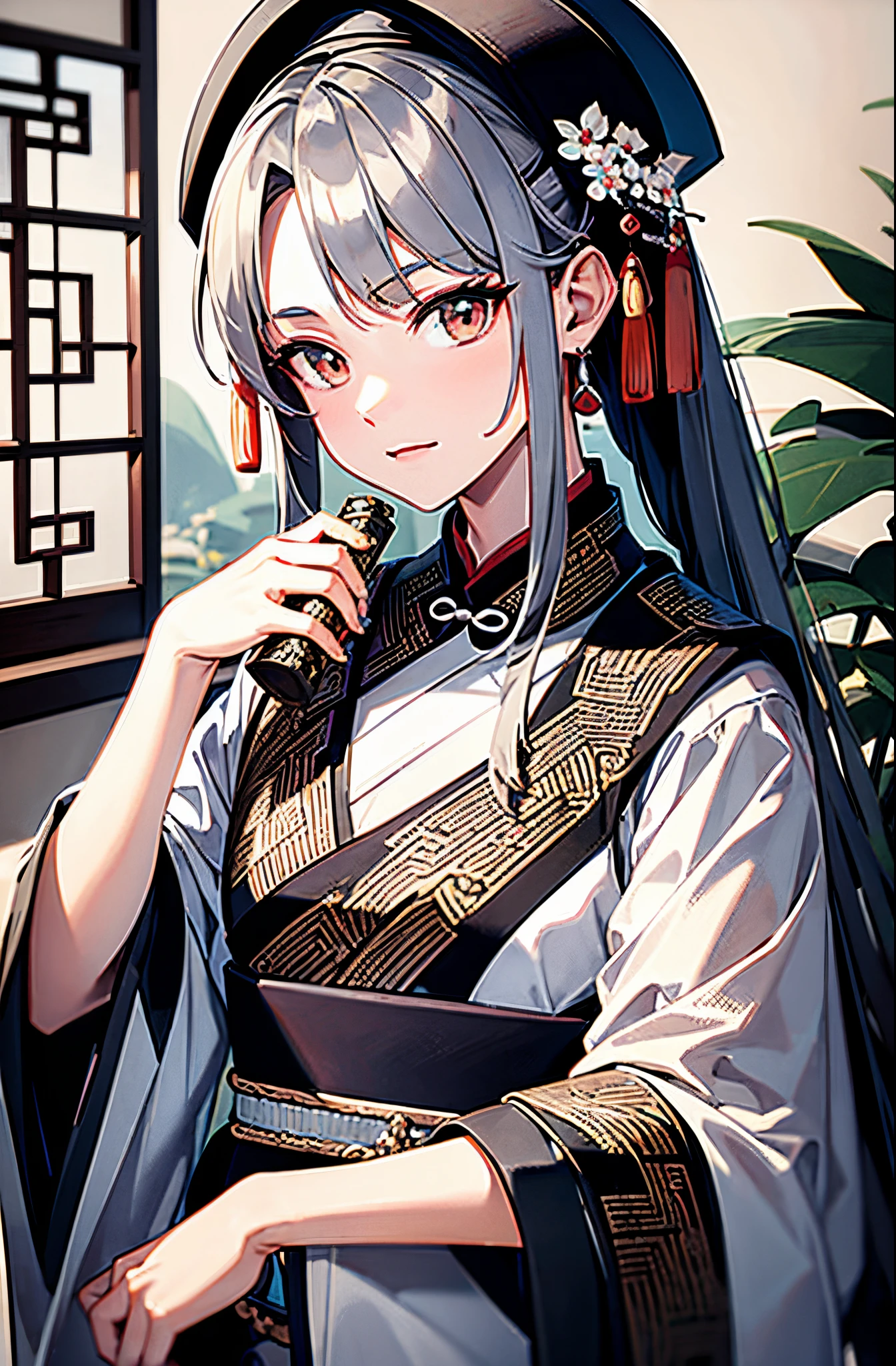 ancient chinese beauti，Holding a scroll，Gray hair，tmasterpiece, ultra - detailed, Epic work, high high quality, Best quality at best，Hand repair