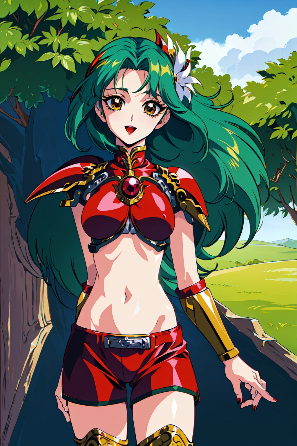 "(masterpiece:1.1), best quality, 
1girl, (80s anime style:1.3), (eyelashes:1.5), (li:1.2), 
(intricate high detailed body:1.2), 
(green hair:1.1), (forehead, hair slicked back:1.2), (short hair, wavy hair:1.1), (flower brooch, hair ornament:1.2), 
brown eyes, (red lip stick:1.3), 
(pale skin:1.2), (small breasts:1.1), 
(grin:1.2), open mouth, 
(lace bikini armor:1.2), 
(knight armor, armored boots:1.2), (belts:1.1), (streaked hair:1.2), gauntlets, 
standing, arms behind back, 
(upper body, cowboy shot, looking at viewer, from front:1.1),
(daytime, grassland, outdoors:1.1)"