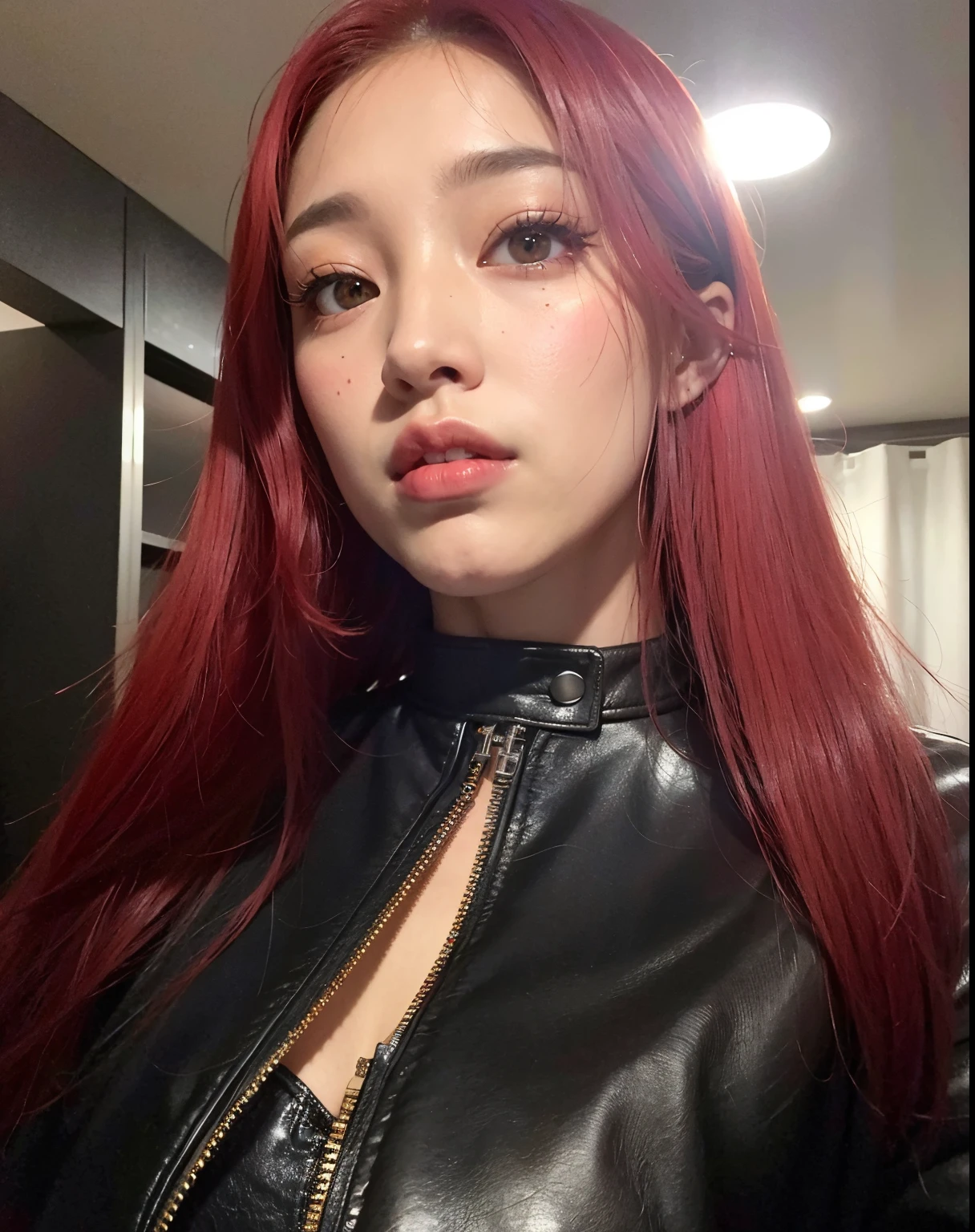 hay una mujer pelirroja y con una chaqueta de cuero negra, Jossi de Blackpink, Retrato de Jossi de Blackpink, cruel korean goth girl, peluca roja, con el pelo rojo, red tinted hair, Jinyoung Shin, cabello negro y rojo, Red crimson hair, Parque Roseanne de Blackpink, demasiado rojo, con el pelo largo y rojo, Sun Yunjoo