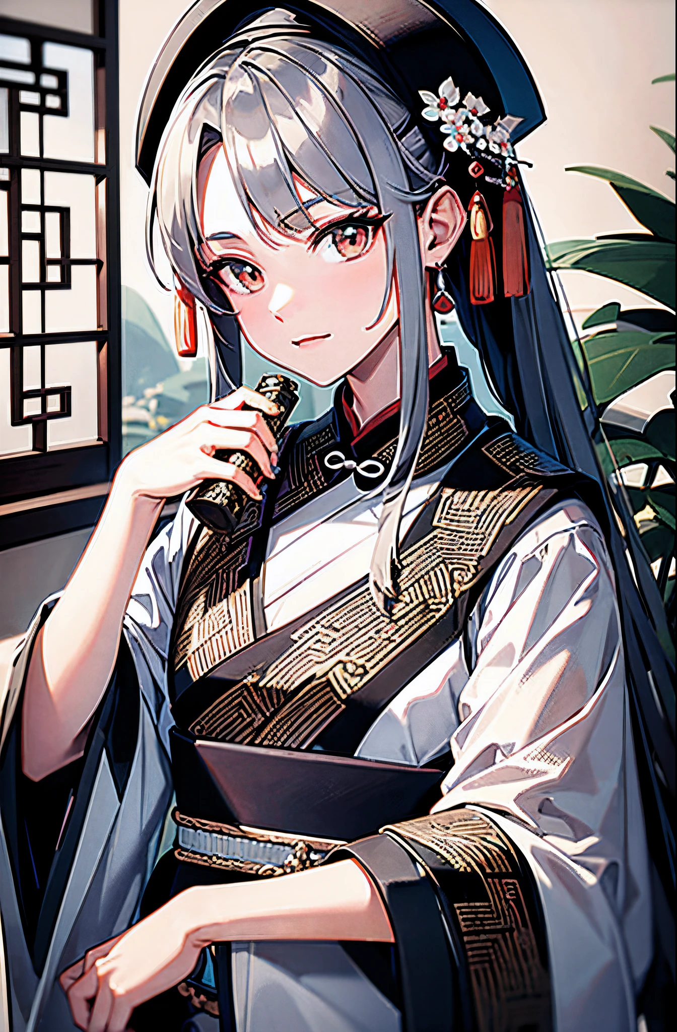 ancient chinese beauti,Hold the scroll,whaite hair,tmasterpiece, ultra - detailed, Epic work, high high quality, Best quality,Hand repair