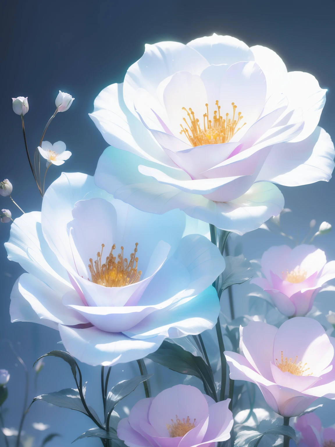 (Best quality at best,4K,flowers in full bloom,Irridescent color),Translucent petals,Gradient transparent glass melt,diffused,transparent glass texture,Irridescent color,Designed by Dieter Rams,Detailed glow,white backgrounid,industrial design,Studio lighting,c4d,Octane renderer,Clean shadows.